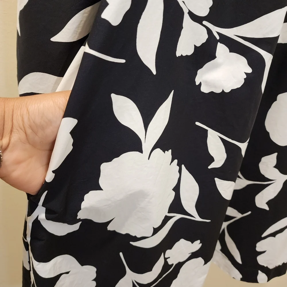 Kate Spade Black and White Floral Long Sleeves V Neck Mini  Dress XS
